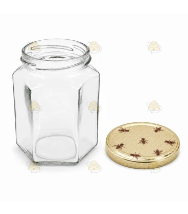 Hexagonale glazen potten 60 stuks - 278 ml / 350 gram, met keuze uit deksels (TO 63 mm)
