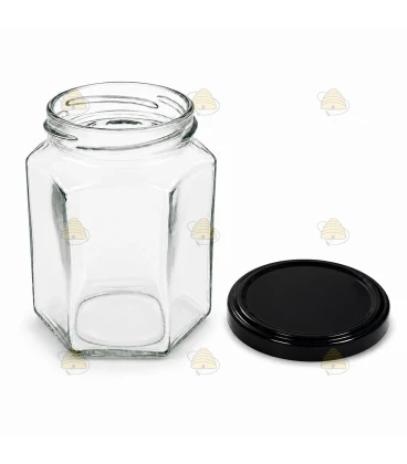 Hexagonale glazen potten 60 stuks - 278 ml / 350 gram, met keuze uit deksels (TO 63 mm)