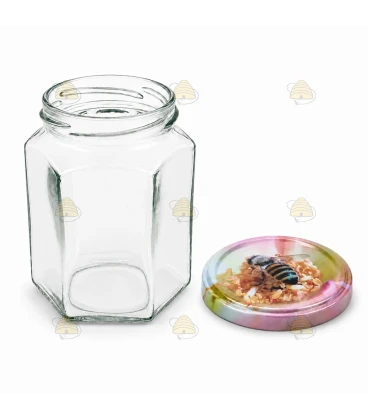 Hexagonale glazen potten 60 stuks - 278 ml / 350 gram, met keuze uit deksels (TO 63 mm)