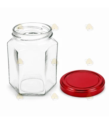 Hexagonale glazen potten 60 stuks - 278 ml / 350 gram, met keuze uit deksels (TO 63 mm)