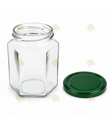 Hexagonale glazen potten 60 stuks - 278 ml / 350 gram, met keuze uit deksels (TO 63 mm)
