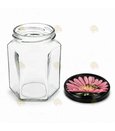 Hexagonale glazen potten 60 stuks - 278 ml / 350 gram, met keuze uit deksels (TO 63 mm)