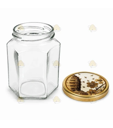 Hexagonale glazen potten 60 stuks - 278 ml / 350 gram, met keuze uit deksels (TO 63 mm)