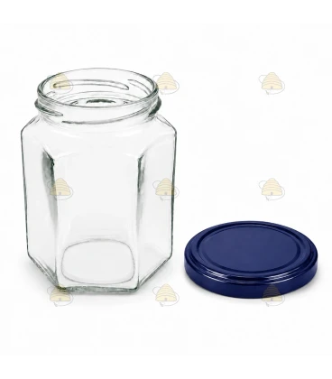 Hexagonale glazen potten 60 stuks - 278 ml / 350 gram, met keuze uit deksels (TO 63 mm)