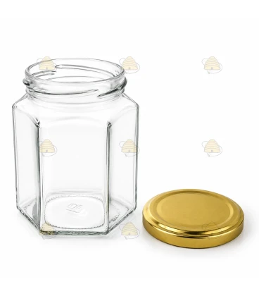 Pot verre hexagonal 278 ml/350 g avec couvercle TO 63 mm