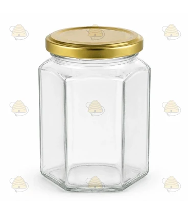 Pot verre hexagonal 278 ml/350 g avec couvercle TO 63 mm